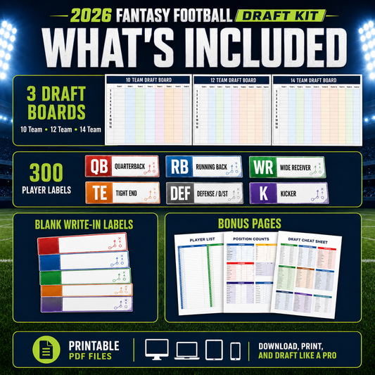 2026 Fantasy Football Draft Board Printable Kit with 300 Player Labels
