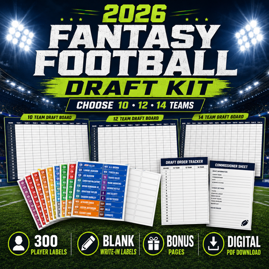 2026 Fantasy Football Draft Kit – Choose 10, 12 or 14 Team Board with 300 Player Labels